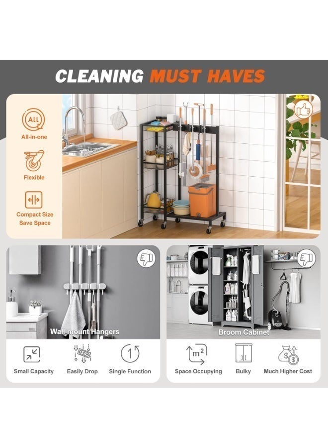 Uptyia Broom Holder with Cleaning Supplies Organizer, Broom Closet Storage Cabinet with Cleaning Caddy, Cleaning Cart with Mop Hanger Gripper Rack Hooks,Janitorial Cart,Utility Carts Household Essentials - Image 4